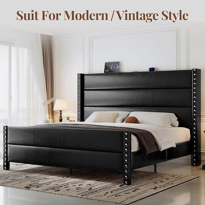 King Size Bed Frame with Storage Shelf & Charging Station, 55" Tall Headboard & 25.6" Footboard, Faux Leather Upholstered Platform Bed with Big Rivets Wingback, Heavy Duty & Noise-Free, Black
