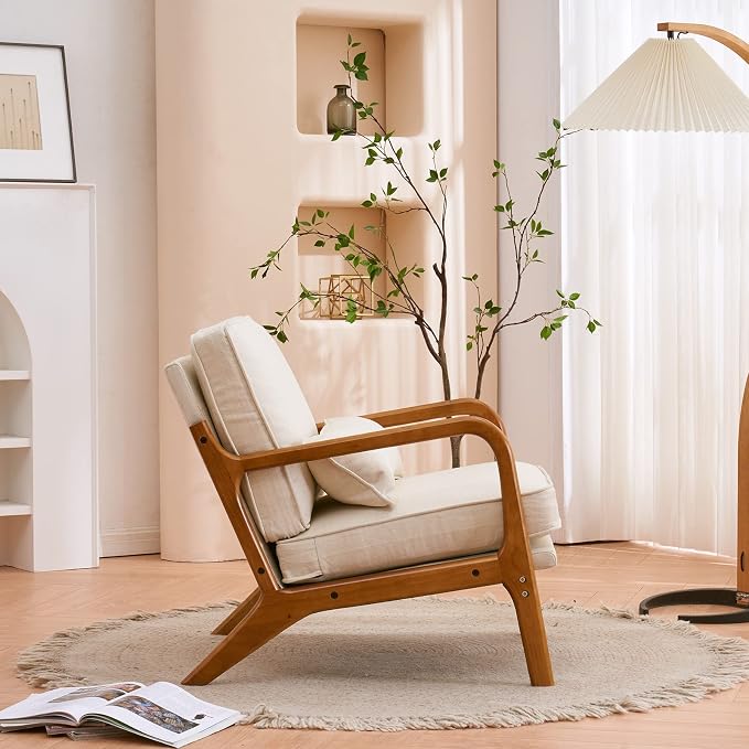 Karl home Accent Chairs Set of 2, Mid-Century Modern Chair with Pillow Upholstered Lounge Arm Chair with Solid Wood Frame & Soft Cushion for Living Room, Bedroom, Balcony, Beige