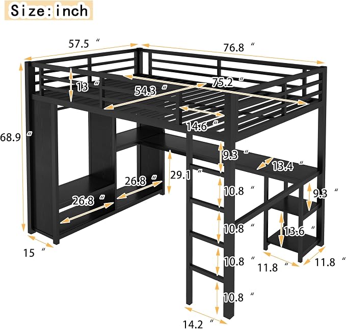 Bellemave Full Size Loft Bed with Desk, Wardrobe, Metal Full Loft Bed Frame for Adults, Kids, Teens, Black
