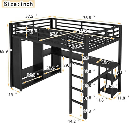Bellemave Full Size Loft Bed with Desk, Wardrobe, Metal Full Loft Bed Frame for Adults, Kids, Teens, Black