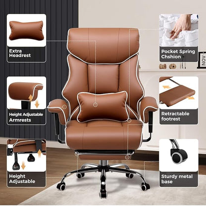 GTPLAYER Big and Tall Gaming Chair 400lbs Heavy Duty Office Chair with Foot Rest & Ergonomic Pocket Spring Cushion, High Back Lumbar Support for Lower Back Pain Relief, Coffee Brown