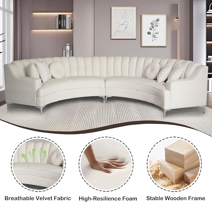 Legend Vansen Semicircle Modular Curved Velvet Sectional Sofa,141.34”Oversized Arc Sofa,Modern Cloud-Like Deep Seat Couch for Living Room Apartment Office Conference Space (1, Cream)
