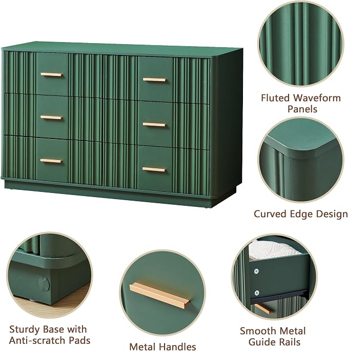 Fluted Double Dresser for Bedroom with 6 Drawers, 47" Wide Modern Chest of Drawers with Curved Profile Design, Wood Closet Clothes Storage Organizer Dresser TV Stand for Living Room, Hallway, Green
