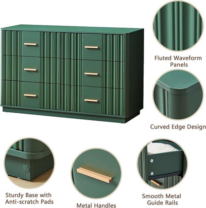 Fluted Double Dresser for Bedroom with 6 Drawers, 47" Wide Modern Chest of Drawers with Curved Profile Design, Wood Closet Clothes Storage Organizer Dresser TV Stand for Living Room, Hallway, Green