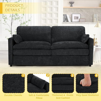 69” Chenille Love seat Sofa w/Arm Pillows, Upholstered 2 Seater Sofa w/Comfortable Back Cushions, Modern 2 Seats Couch w/High-Density Foam for Living Room, Apartment, Office, Black