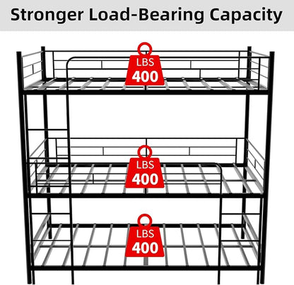 Triple Bunk Bed, Twin Over Twin Heavy Duty Metal 3 Bunk Beds with Safety Guardrails and Dual Ladders, Metal Bunk Bed for 3, Convertible to 3 Beds for Teens & Adults, Black | triple bunk beds