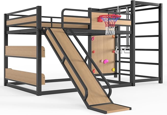 Harper & Bright Designs Full Size Metal Bunk Bed with Slide & Built-in Bookshelve & Basketball Hoop & Climbing Wall for Bedroom, Yellow+Black
