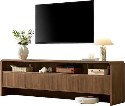 AMERLIFE 70" Modern TV Stand for TVs Up to 80", Wood TV Console with Curved Profile Design & 2 Storage Cabinets, Media Console Entertainment Center for Living Room, Brown