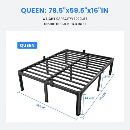 MAF 16 Inch Queen Bed Frames with Round Corner Legs Mattress Slide Stopper No Box Spring Needed Heavy Duty Metal Platform Bed Frame Under-Bed Storage Space, 3000 LBS Steel Slats Support