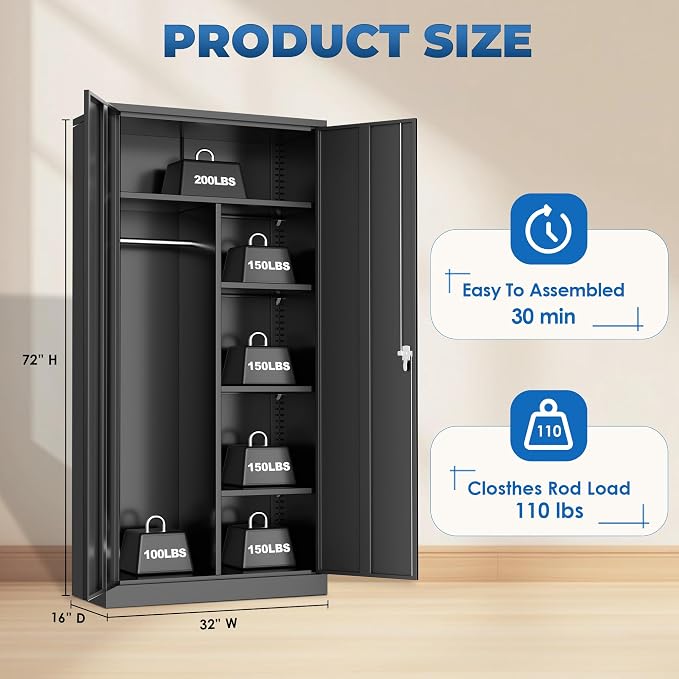 INTERGREAT Metal Wardrobe Cabinets with Lock, 72" Clothing Storage Cabinets with Hanging Rod and 4 Adjustable Shelves, Armoire Wardrobe for Office, School, Employee, Government, Black