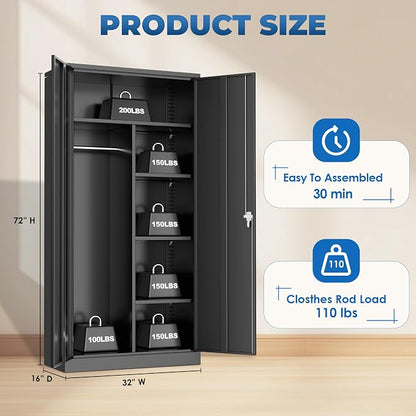 INTERGREAT Metal Wardrobe Cabinets with Lock, 72" Clothing Storage Cabinets with Hanging Rod and 4 Adjustable Shelves, Armoire Wardrobe for Office, School, Employee, Government, Black