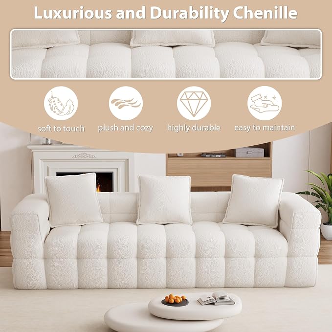 91.3" Boneless Couch,Comfy Cloud Sectional Sofa with Deep Seat,Modern Upholstered Chenille Love Seat Sofa, Oversized Couches for Living Room, No Assembly Required Tufted Sofas, Beige White