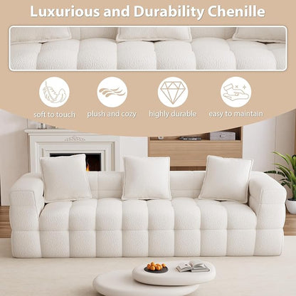 91.3" Boneless Couch,Comfy Cloud Sectional Sofa with Deep Seat,Modern Upholstered Chenille Love Seat Sofa, Oversized Couches for Living Room, No Assembly Required Tufted Sofas, Beige White