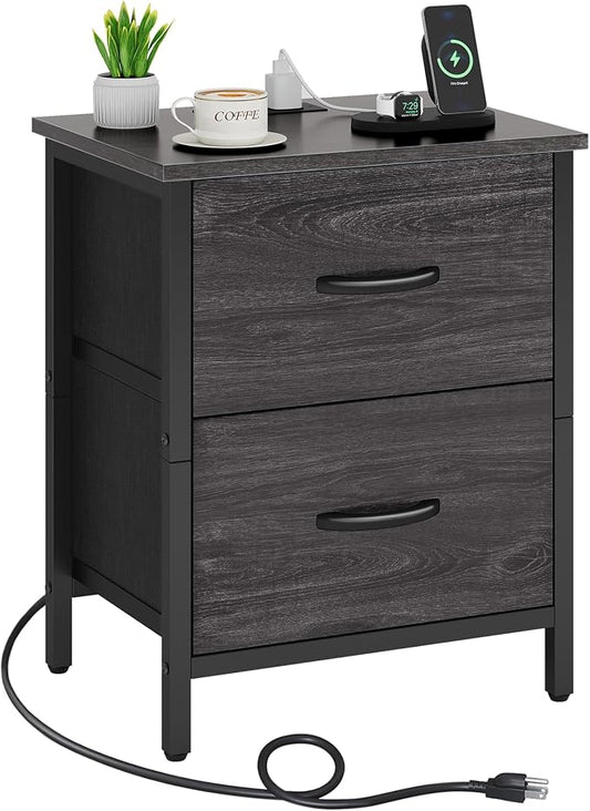 Vagusicc Nightstand with Charging Station, Bedside Table with USB Ports and Outlet, End Table Side Table with 2 Fabric Drawers for Bedroom, Living Room, Gray Walnut