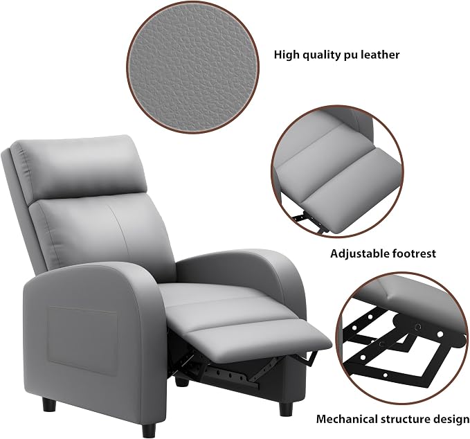 JUMMICO Recliner Chair Adjustable Home Theater Single Recliner Sofa Furniture with Thick Seat Cushion and Backrest Modern Living Room Recliners (Leather, Grey)
