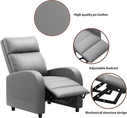 JUMMICO Recliner Chair Adjustable Home Theater Single Recliner Sofa Furniture with Thick Seat Cushion and Backrest Modern Living Room Recliners (Leather, Grey)