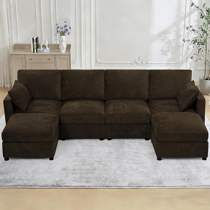 110” Chenille 4-Seats Sofa W/Two Movable Ottomans, Brown | Modern Fabric U-Shaped Couch w/Soft Backrests, Upholstered Sectional Sofa w/Arm Pillows for Living Room, Office