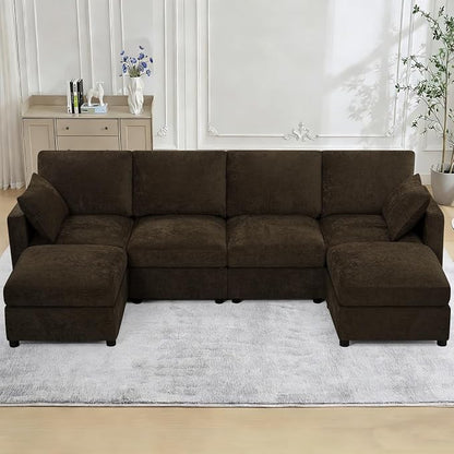 110” Chenille 4-Seats Sofa W/Two Movable Ottomans, Brown | Modern Fabric U-Shaped Couch w/Soft Backrests, Upholstered Sectional Sofa w/Arm Pillows for Living Room, Office