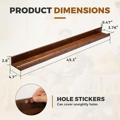 Muzilife 45.3" Large Floating Wall Ledge Shelves with Lip - Set of 2 Rustic Wood Floating Shelves - Walnut Brown Wall Mounted Picture Ledge for Office, Bathroom, Bedroom, Living Room, Kitchen