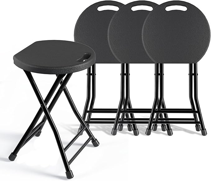 Folding Stool, 18 Inch Foldable Stool with Handle & Steel Frame, Pack of 4 Folding Bar Stools, 440lbs Sturdy Foldable Lightweight Metal Chair for Camping, Indoor and Outdoor, Black