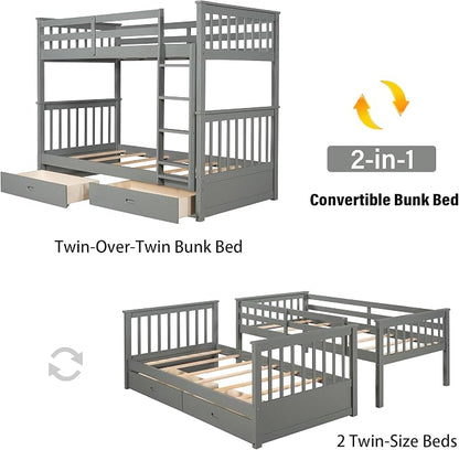 Merax Wood Bunk Bed with Drawers,Convertible Wood Bunk Bed with Ladders and Two Storage Drawers,Solid Wood Detachable Bunk Bed Frame with Ladders,Twin Over Twin Size,Grey