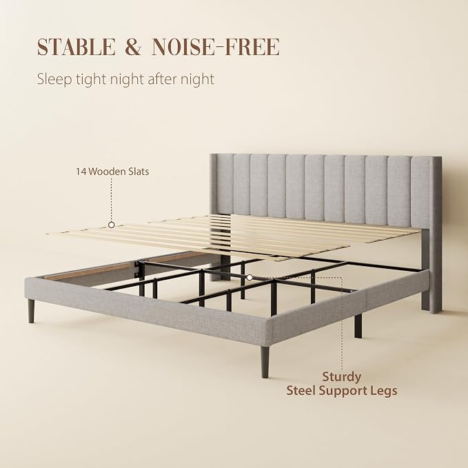 Sismplly King Size Bed Frame and Headboard,Vertical Channel Tufted Wingback No Box Spring Needed, Mattress Foundation, Easy Assembly Light Grey, Linen