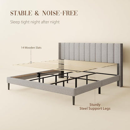 Sismplly King Size Bed Frame and Headboard,Vertical Channel Tufted Wingback No Box Spring Needed, Mattress Foundation, Easy Assembly Light Grey, Linen
