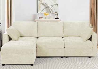84” Chenille 3-Seats Sofa W/Movable Ottoman, Beige | Modern Fabric L-Shaped Couch w/Soft Backrests, Upholstered Sectional Sofa w/Arm Pillows for Living Room