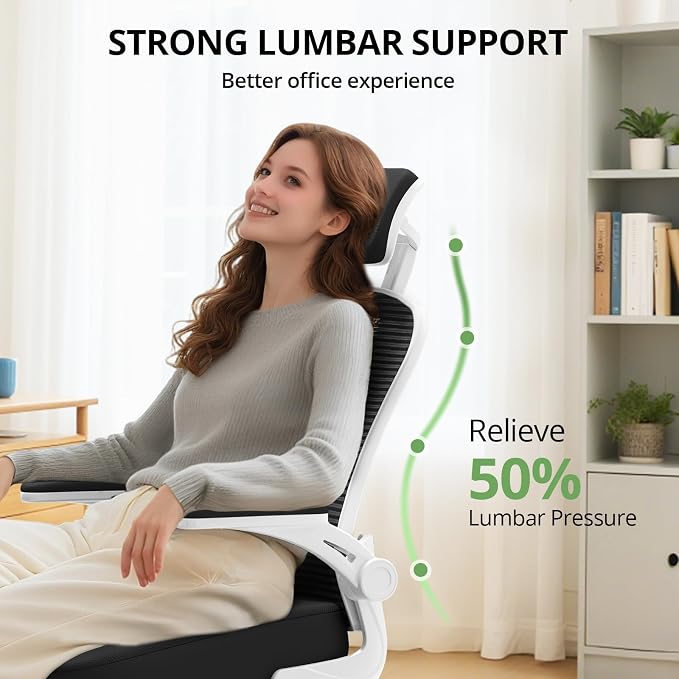 Office Chair Ergonomic Desk Chair, 330LBS Capacity, High Back Computer Design for Long Hours Comfort, Rolling Swivel Executive Task for Home Office with Flip-up Armrests(White Black)