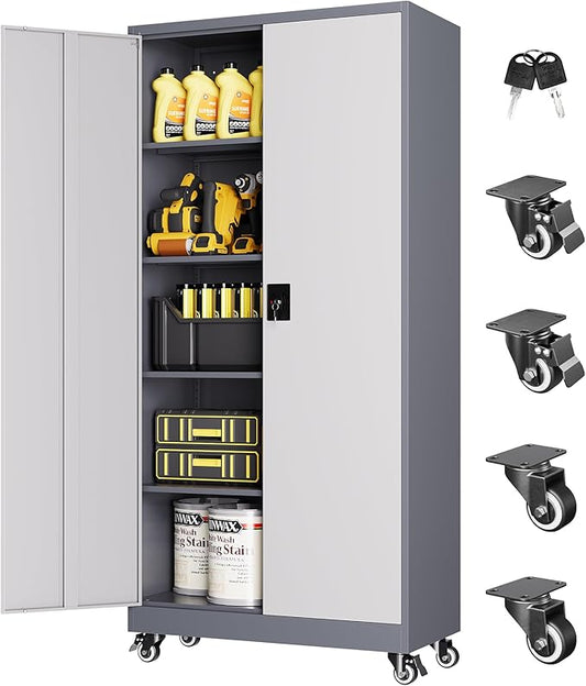 Metal Storage Cabinet with Wheels, Tall Garage Storage Cabinet with 4 Adjustable Shelves and 2 Doors, Lockable Tool Cabinet for Garage Home Office,Gym,School (White-Gray)