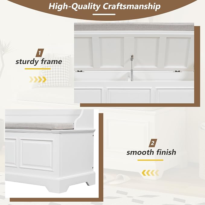 Knocbel Rustic Entry Storage Bench with Hidden Compartments and Removable Cushion, Wooden Entryway Hallway Foyer Shoe Bench Bedroom End of Bed Bench (White)