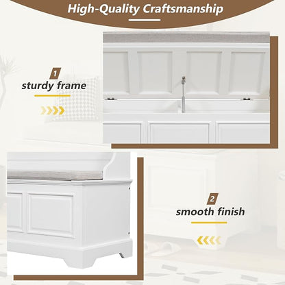 Knocbel Rustic Entry Storage Bench with Hidden Compartments and Removable Cushion, Wooden Entryway Hallway Foyer Shoe Bench Bedroom End of Bed Bench (White)