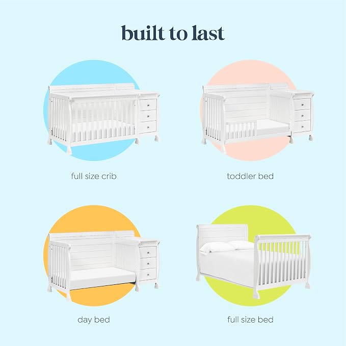 DaVinci Kalani 4-in-1 Convertible Crib and Changer Combo in White | GREENGUARD Gold Certified, Converts to Toddler Bed, Daybed & Full-Size Bed, 4 Adjustable Mattress Heights, Easy to Assemble