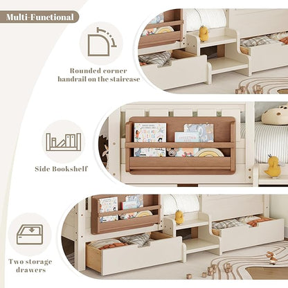 Bellemave Queen Bed with Storage Drawers & Bookshelf, Low Profile Kids Bed Frame with Staircase & Full Length Guardrails, Solid Wood Queen Bed for Kids with Slats Load 550LBS, Easy Assembly, Beige