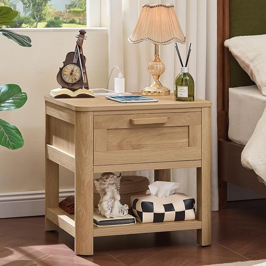 Joaxswe Farmhouse Night Stand Set of 2 with Charging Station, Wood Bed Side Tables Bedroom Set of 2 with Drawer & Open Storage Shelf, Natural Wood