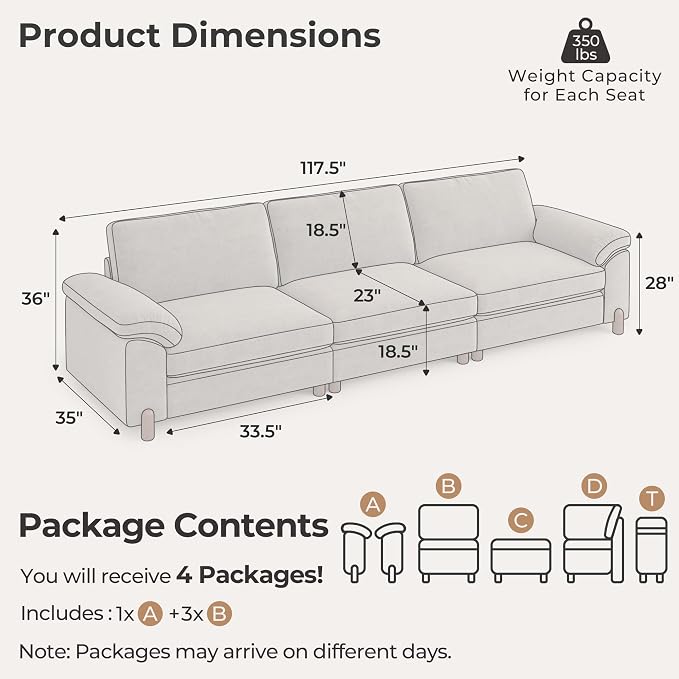 SITJOY Large Cloud Couch, 118" Wide 3 Seater Sofa, Light Gray Chenille | Detachable and Washable Chenille Cover Sectional Sofas for Living Room, Deep Seat Wide Couch