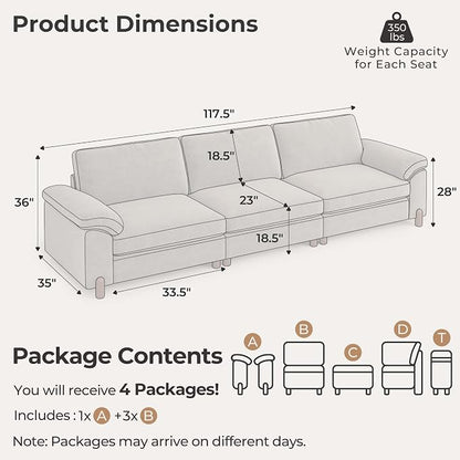 SITJOY Large Cloud Couch, 118" Wide 3 Seater Sofa, Light Gray Chenille | Detachable and Washable Chenille Cover Sectional Sofas for Living Room, Deep Seat Wide Couch
