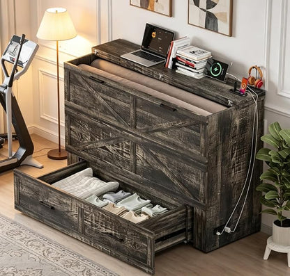 Bellemave Queen Murphy Bed, Cabinet Bed with Charging Station and Storage, Farmhouse Murphy Cabinet with Foldable Panel, Noisy Free, for Guest Bedroom, Living Room, Office, Rustic Gray