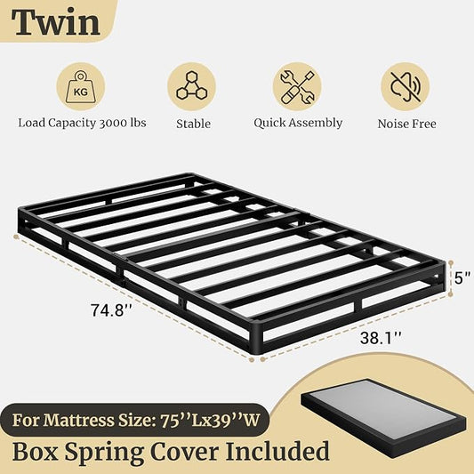 Awesofurni Twin Box Spring, 5 Inch Low Profile Twin Box Spring Only Bed Base, Heavy Duty Metal Frame Mattress Foundation with Fabric Cover, Easy Assembly-Noise Free