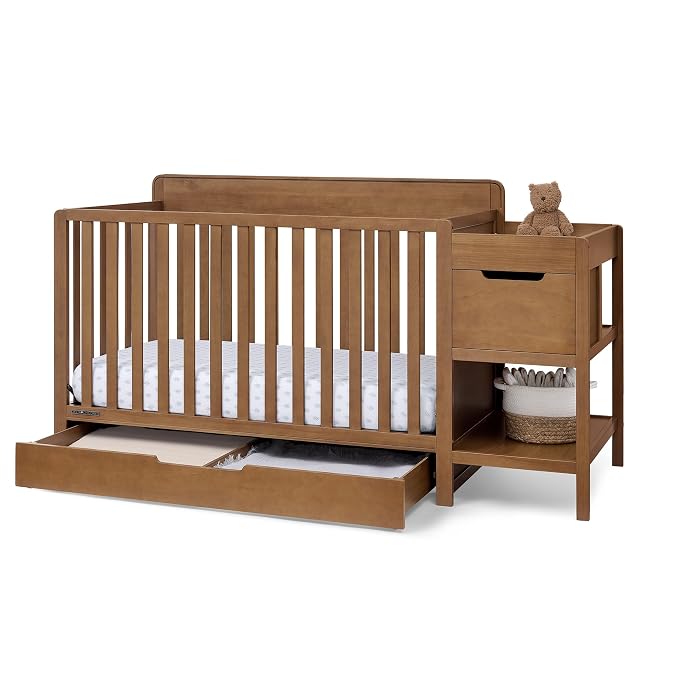 Delta Children Maya 5-in-1 Convertible Crib and Changer with Storage, Converts to Toddler Bed, Daybed, Sofa & Full Bed, Greenguard Gold Certified, 3 Mattress Heights for Baby, Chestnut