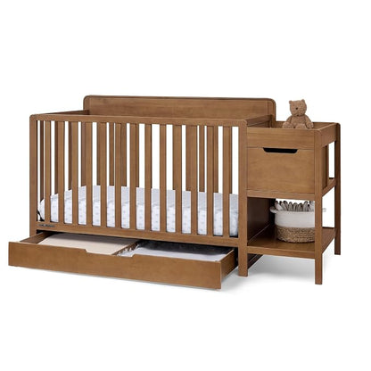 Delta Children Maya 5-in-1 Convertible Crib and Changer with Storage, Converts to Toddler Bed, Daybed, Sofa & Full Bed, Greenguard Gold Certified, 3 Mattress Heights for Baby, Chestnut