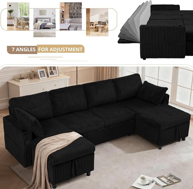 110" Corduroy U-Shape Sofa Bed with Adjustable Backrests, Upholstered Pull Out Sofa Bed with USB Ports, Convertible Sectional Sleeper Couch with Storage Chaise for Living Room, House, Black