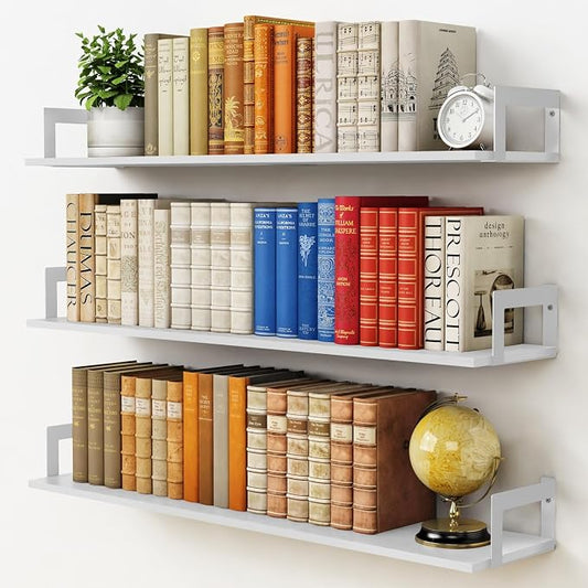 Harwaya White Floating Book Shelves for Wall, 36 Inch Wall Bookshelf for Kids Bedroom, Large Deep Hanging Shelves with Metal Brackets for Living Room Office Décor Indoor Plants (3-Pack)