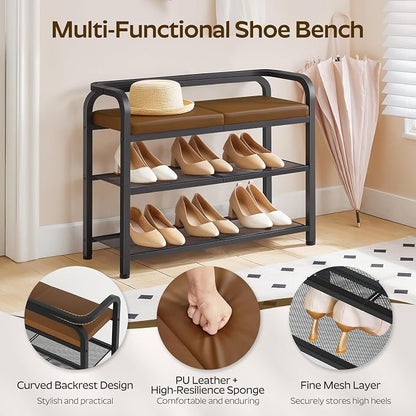 YATINEY Shoe Bench with Backrest, Entryway Bench, 2-Tier Shoe Rack with PU Padded Seat, Upholstered Shoe Storage Bench with Back, for Hallway, Entryway, Foyer, Bedroom, Brown and Black HX04BV