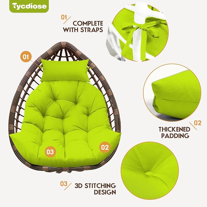 Outdoor Hanging Egg Chair Cushion Replacement, Extra Large Waterproof Egg Swing Cushions with Headrest Pillow and Ties, U-Shaped Thickened Cushion for Hanging Eggs Chair (Light Green)