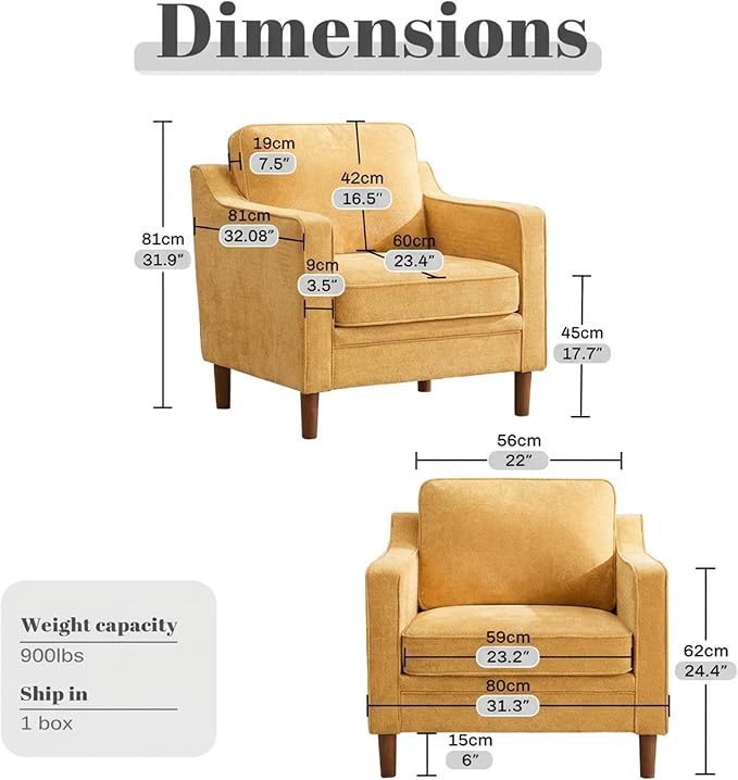 Kingfun Accent Chair, Living Room Chairs, Mid Century Reading Armchair, Chenille with Solid Wood Foot, Upholstered Modern Decor for Bedroom, Apartment