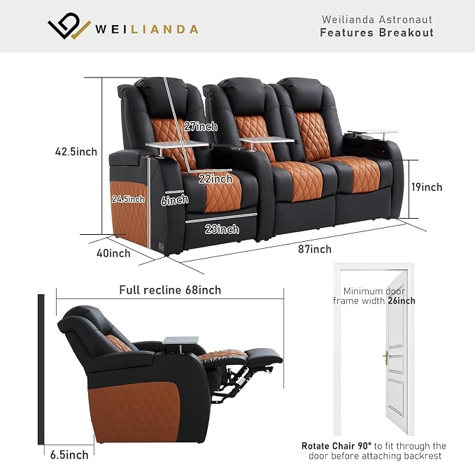 Weilianda Home Theater Seating Top Grain Leather Zero Gravity Recliner Chair Power Headrest Recline Movie Seat Gaming 7 Colors Mood Light Sofa with Tray Table Row of 3 Loveseat Right Black Camel