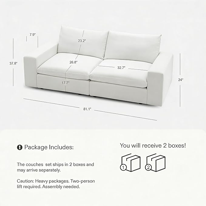 Cloud Couch Sectional 81.1'' Oversized Modular Deep Seat Sofa Comfy White Cloud Couch with Washable Cover for Living Room Loveseat