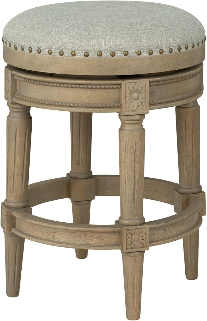 ROME + OAK Runyan 26" Swivel Counter Stool, Rotating Backless Barstool in Reclaimed Oak with Ash Grey Fabric Seat - for Kitchens or Dining Rooms