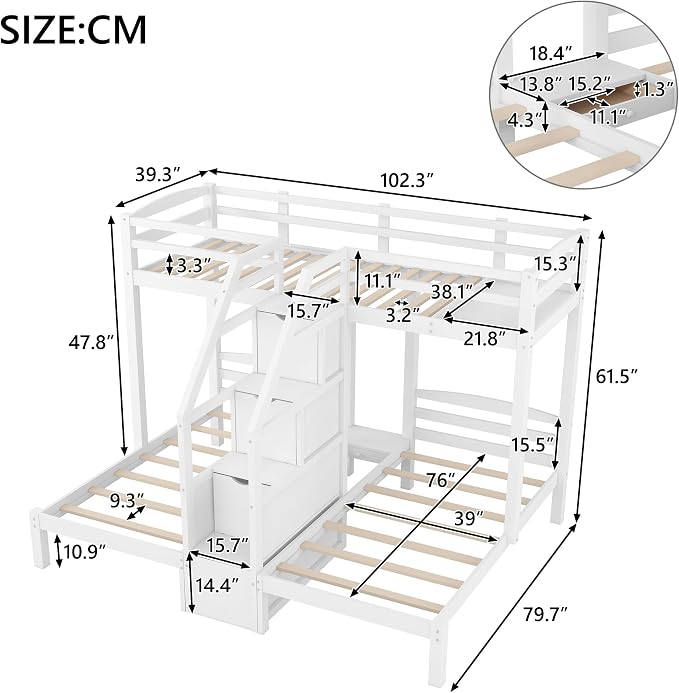 VilroCaz Twin Size Triple Bunk Bed with Built-in Staircase and Storage Drawer, Solid Wood Bunk Bed Frame with Safety Full-Length Guardrail for 3, Bedroom Guest Room Home Furniture